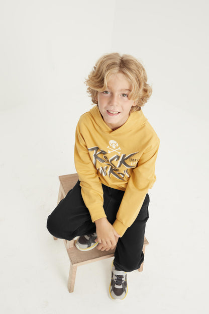 Mustard Print Kangaroo Pocket Hooded Standard Fit Boys' Sweatshirt - 11002