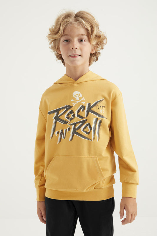 Mustard Print Kangaroo Pocket Hooded Standard Fit Boys' Sweatshirt - 11002