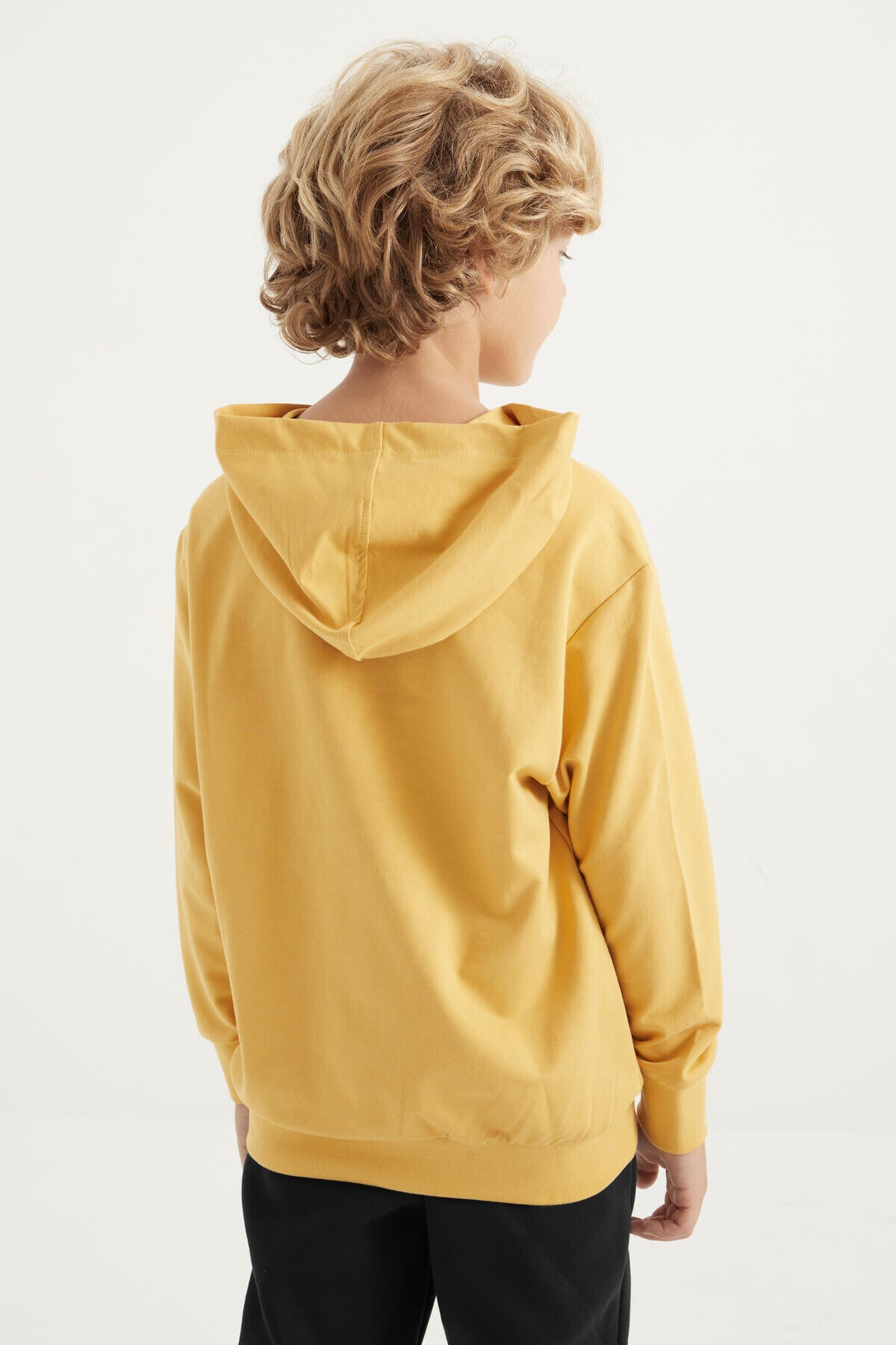 Mustard Print Kangaroo Pocket Hooded Standard Fit Boys' Sweatshirt - 11002