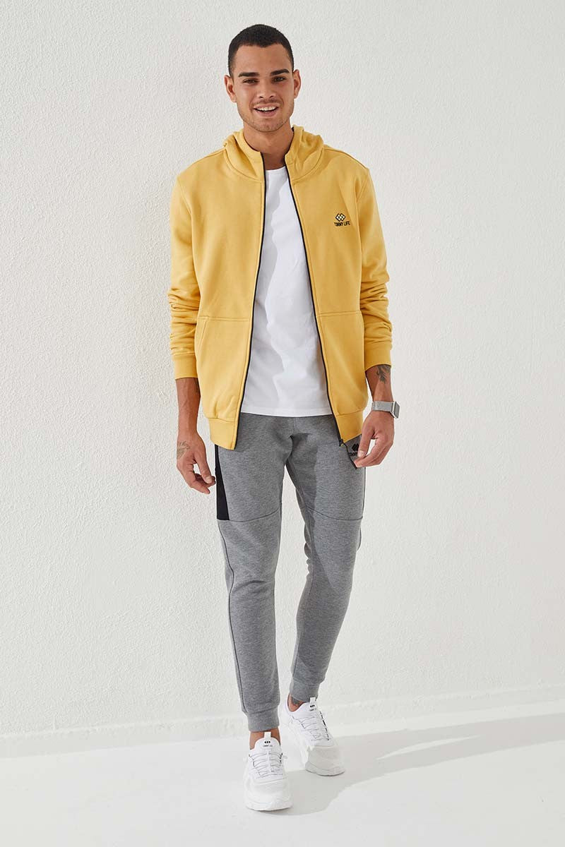 Mustard Zippered Standard Fit Hooded Men's Sweatshirt - 87877