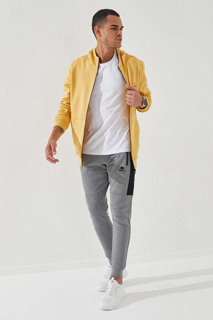 Mustard Zippered Standard Fit Hooded Men's Sweatshirt - 87877