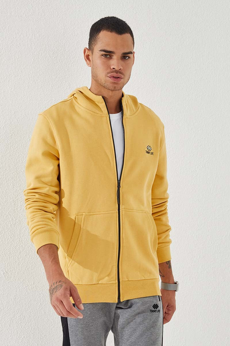 Mustard Zippered Standard Fit Hooded Men's Sweatshirt - 87877