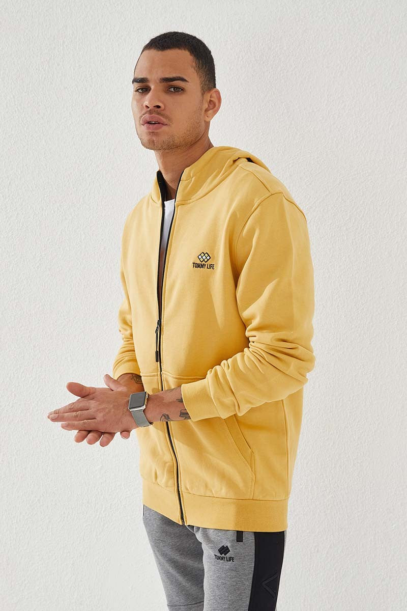 Mustard Zippered Standard Fit Hooded Men's Sweatshirt - 87877