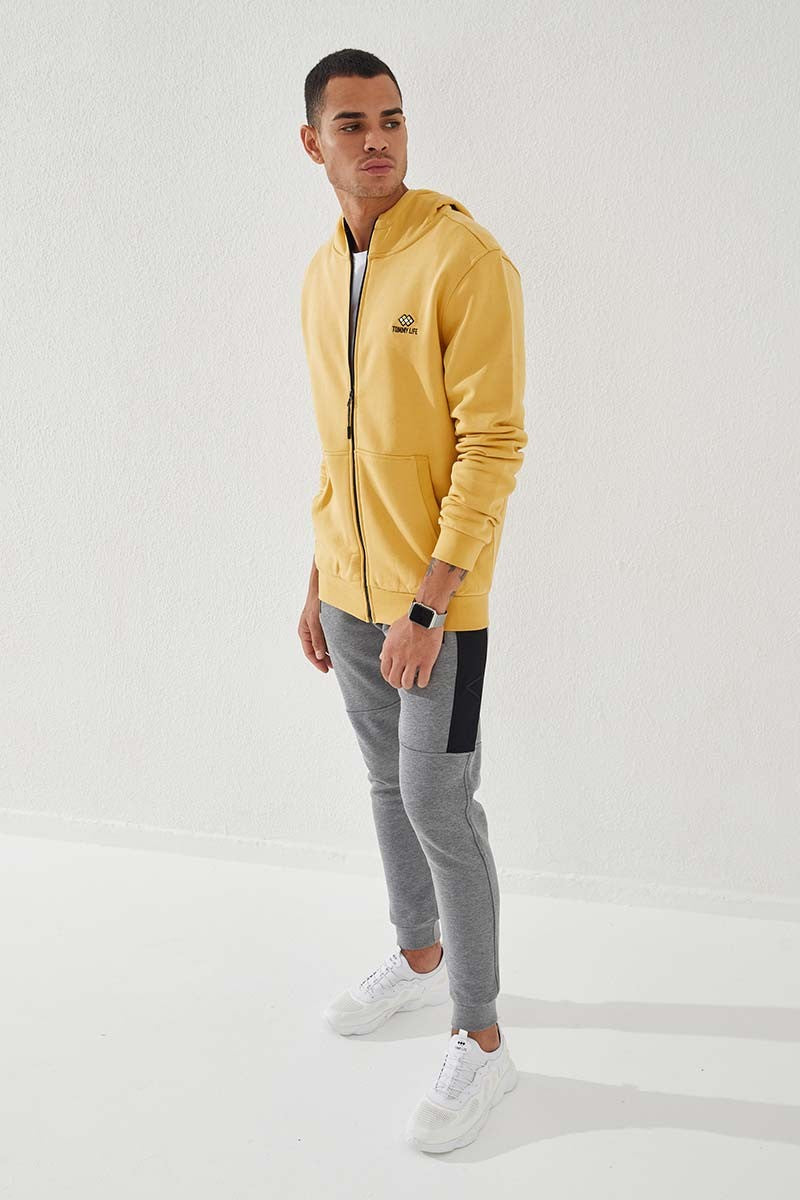 Mustard Zippered Standard Fit Hooded Men's Sweatshirt - 87877