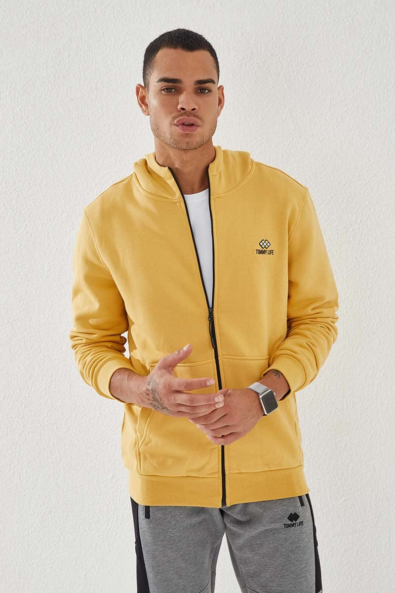 Mustard Zippered Standard Fit Hooded Men's Sweatshirt - 87877