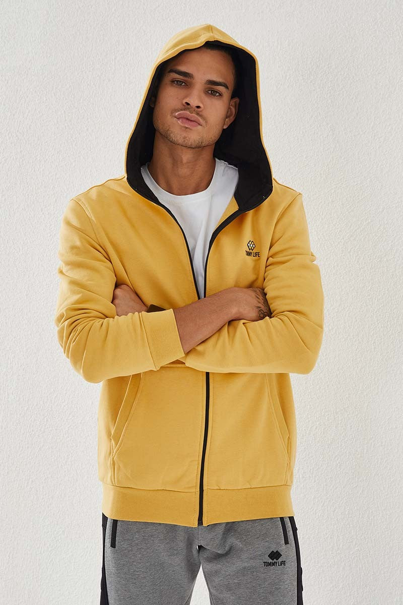 Mustard Zippered Standard Fit Hooded Men's Sweatshirt - 87877