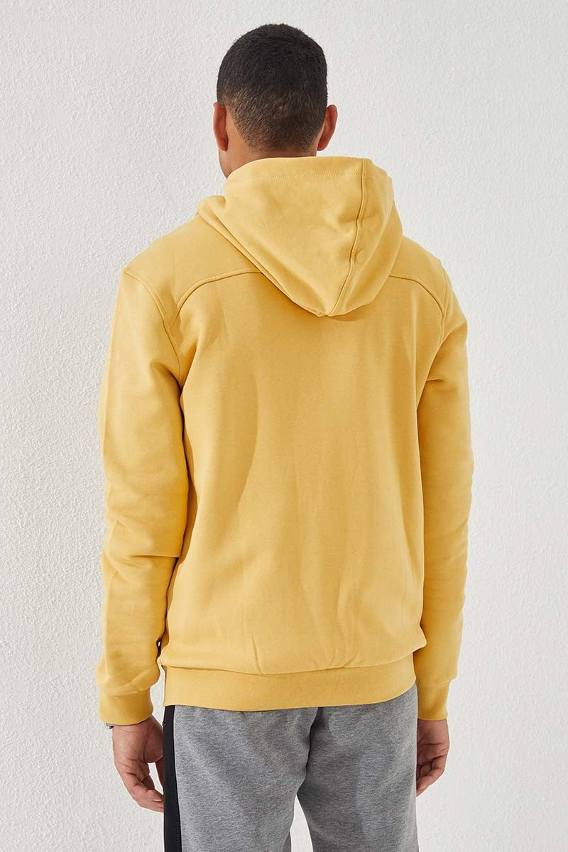 Mustard Zippered Standard Fit Hooded Men's Sweatshirt - 87877