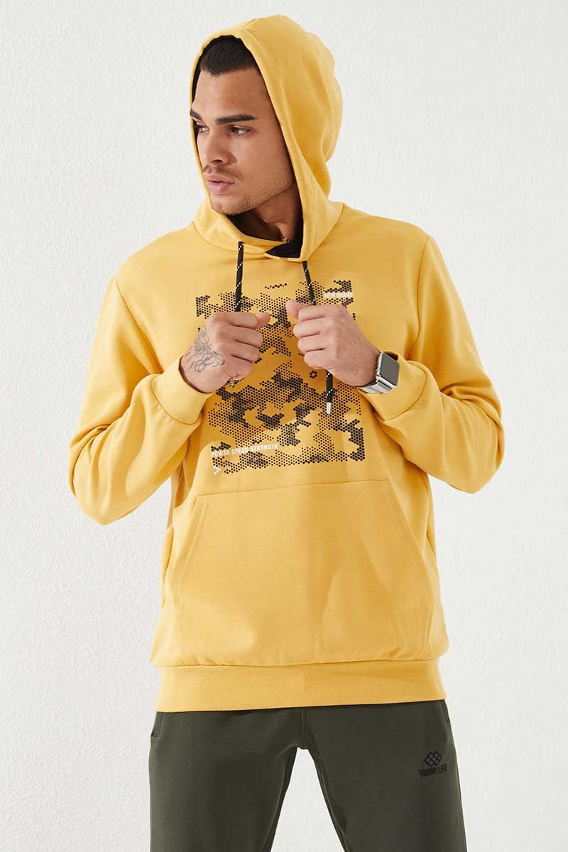 Mustard Camouflage Pattern Printed Standard Cut Hooded Men's Sweatshirt - 87884