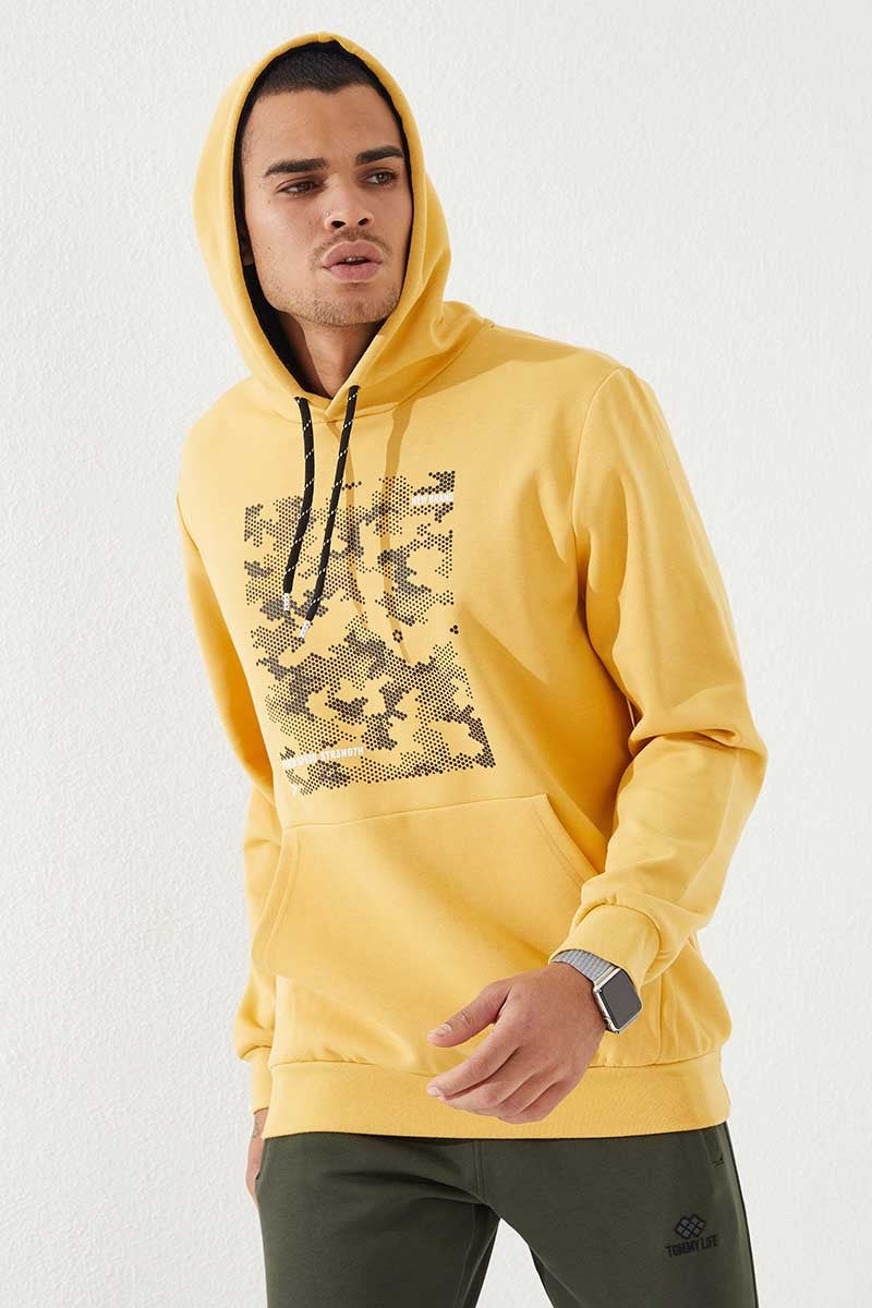 Mustard Camouflage Pattern Printed Standard Cut Hooded Men's Sweatshirt - 87884