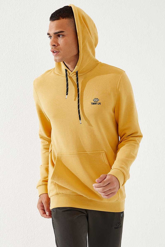 Mustard Kangaroo Pocket Standard Fit Hooded Men's Sweatshirt - 87872