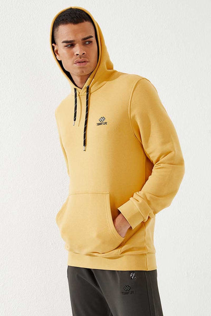 Mustard Kangaroo Pocket Standard Fit Hooded Men's Sweatshirt - 87872