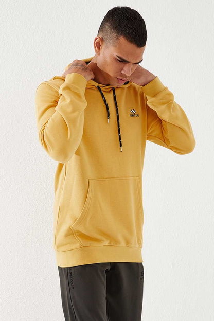 Mustard Kangaroo Pocket Standard Fit Hooded Men's Sweatshirt - 87872