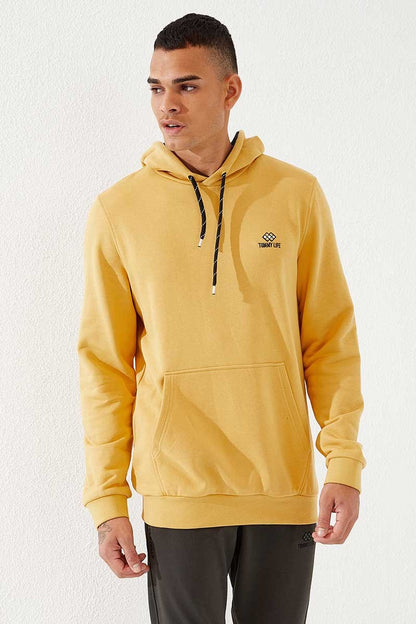 Mustard Kangaroo Pocket Standard Fit Hooded Men's Sweatshirt - 87872