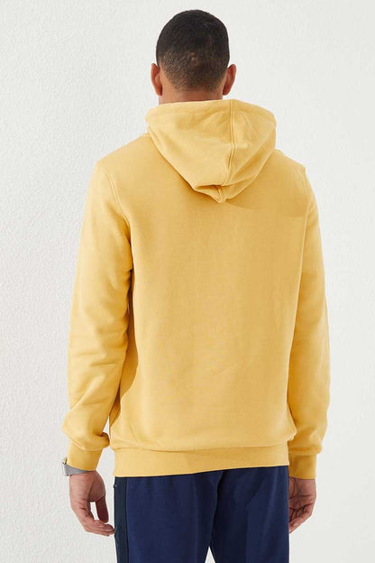 Mustard Embroidered Kangaroo Pocket Standard Fit Hooded Men's Sweatshirt - 87839