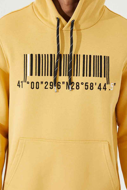 Mustard Embroidered Kangaroo Pocket Standard Fit Hooded Men's Sweatshirt - 87839