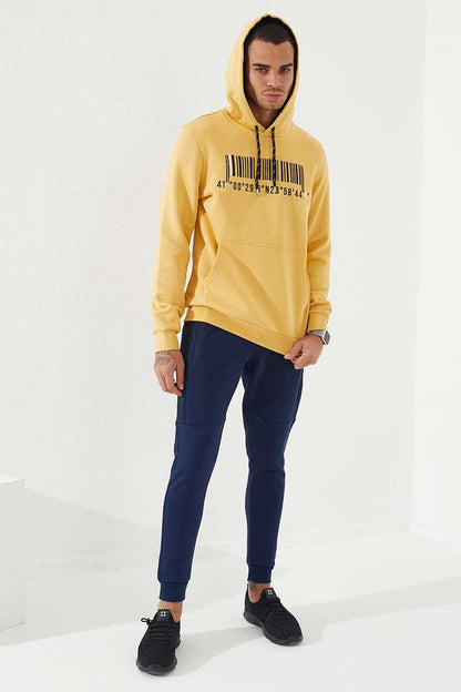 Mustard Embroidered Kangaroo Pocket Standard Fit Hooded Men's Sweatshirt - 87839