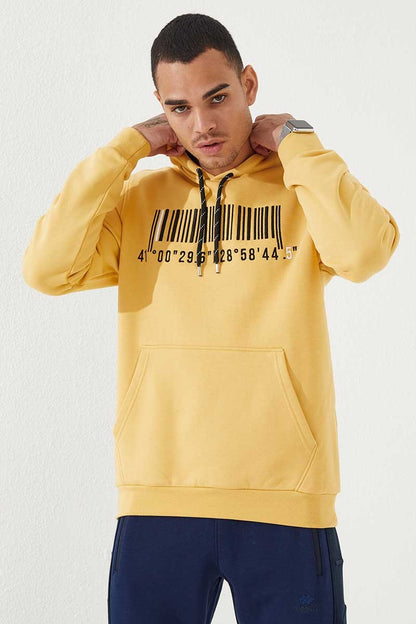 Mustard Embroidered Kangaroo Pocket Standard Fit Hooded Men's Sweatshirt - 87839