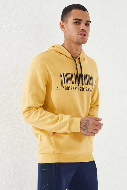 Mustard Embroidered Kangaroo Pocket Standard Fit Hooded Men's Sweatshirt - 87839