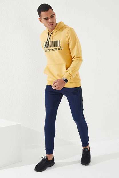 Mustard Embroidered Kangaroo Pocket Standard Fit Hooded Men's Sweatshirt - 87839