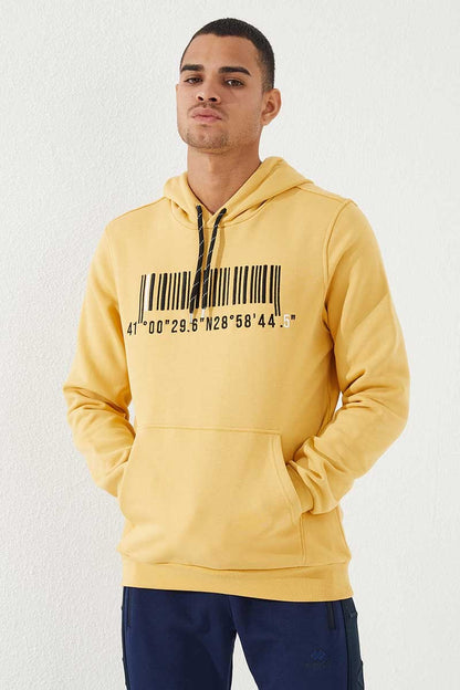Mustard Embroidered Kangaroo Pocket Standard Fit Hooded Men's Sweatshirt - 87839