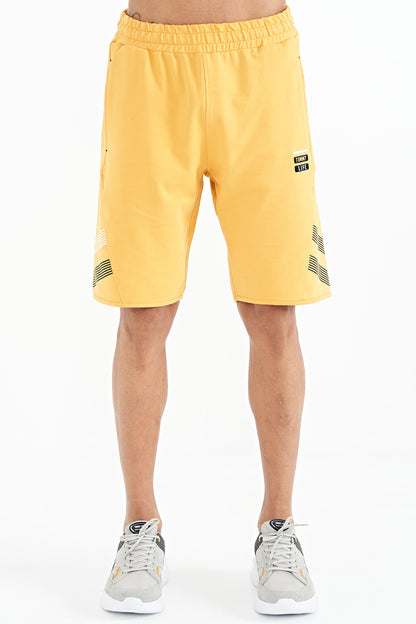 Mustard Front Back Print Detailed Standard Molded Rubber Waist Men's Shorts - 81250