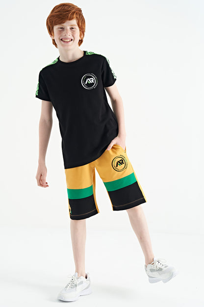 Mustard Colored Printed Laced Embroidery Detailed Standard Pattern Boys Shorts - 11129