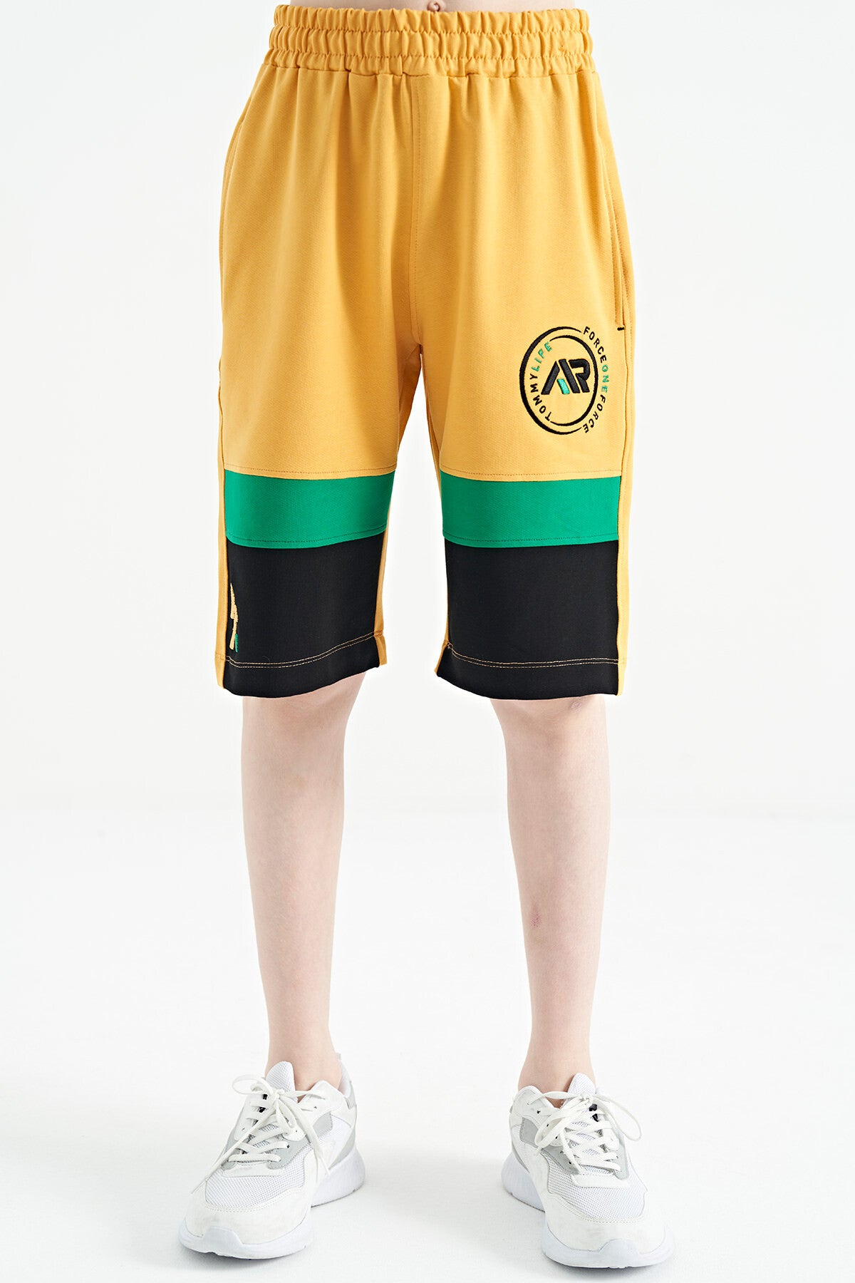 Mustard Colored Printed Laced Embroidery Detailed Standard Pattern Boys Shorts - 11129
