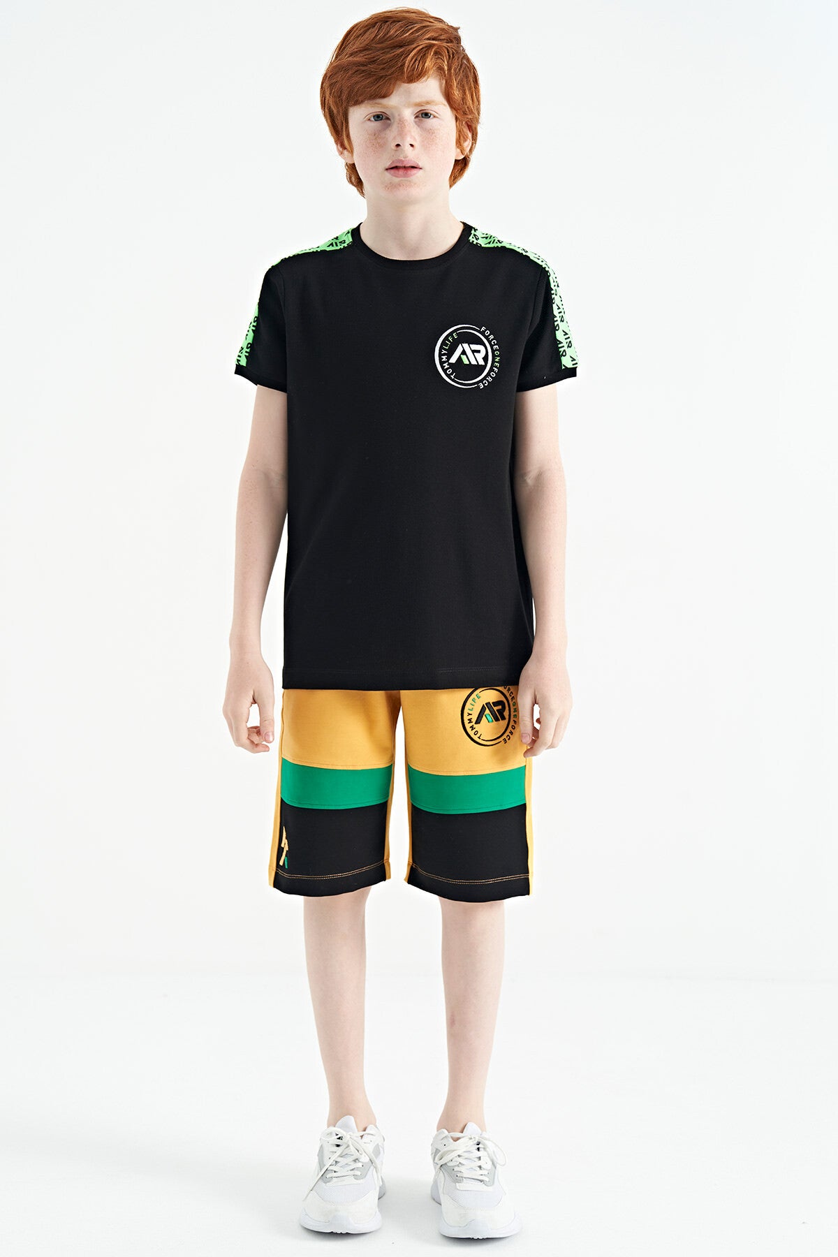 Mustard Colored Printed Laced Embroidery Detailed Standard Pattern Boys Shorts - 11129