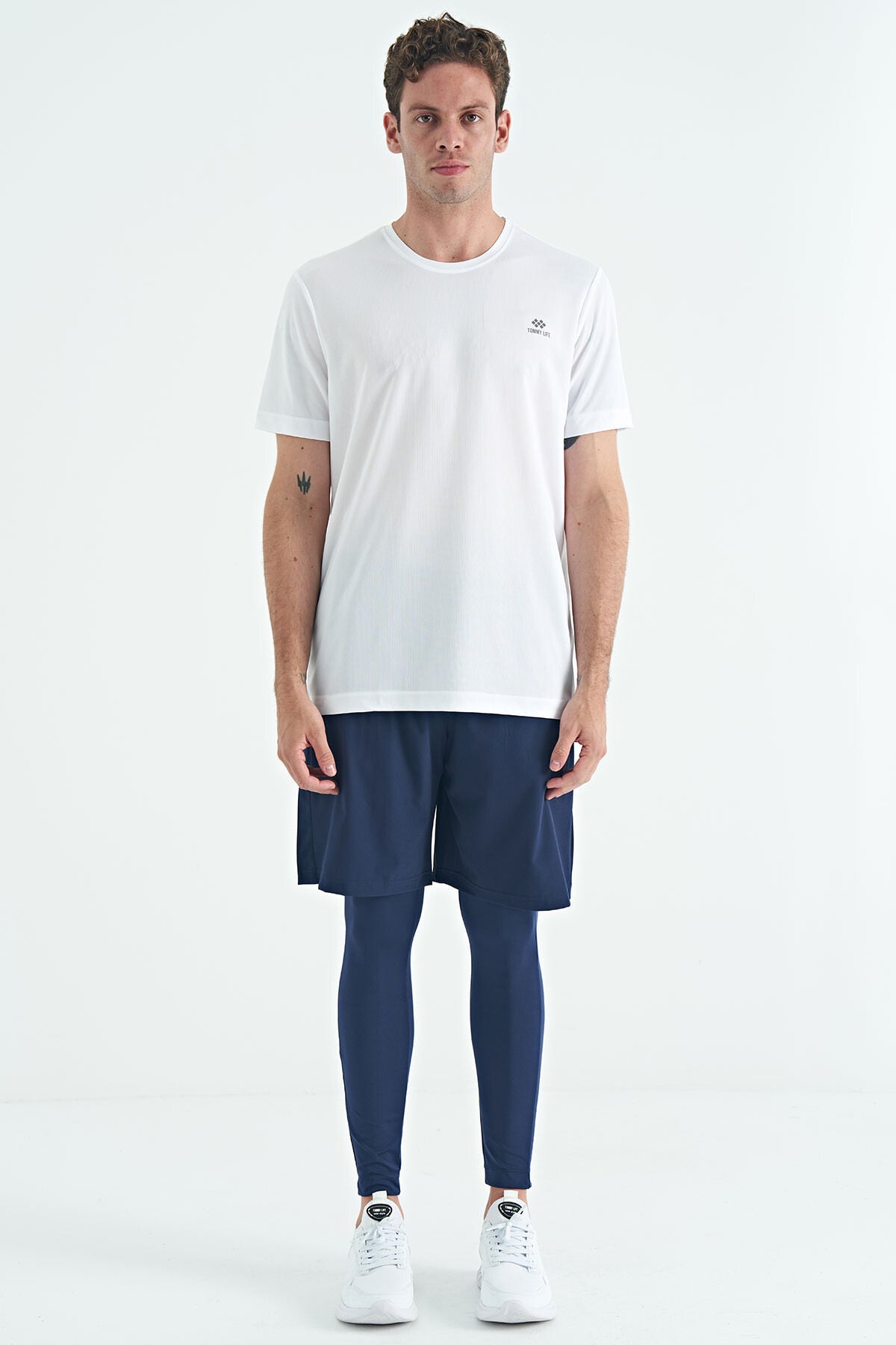Indigo Back Ankle Print Detailed High Waist Slim Fit Active Sports Men's Tights - 84988