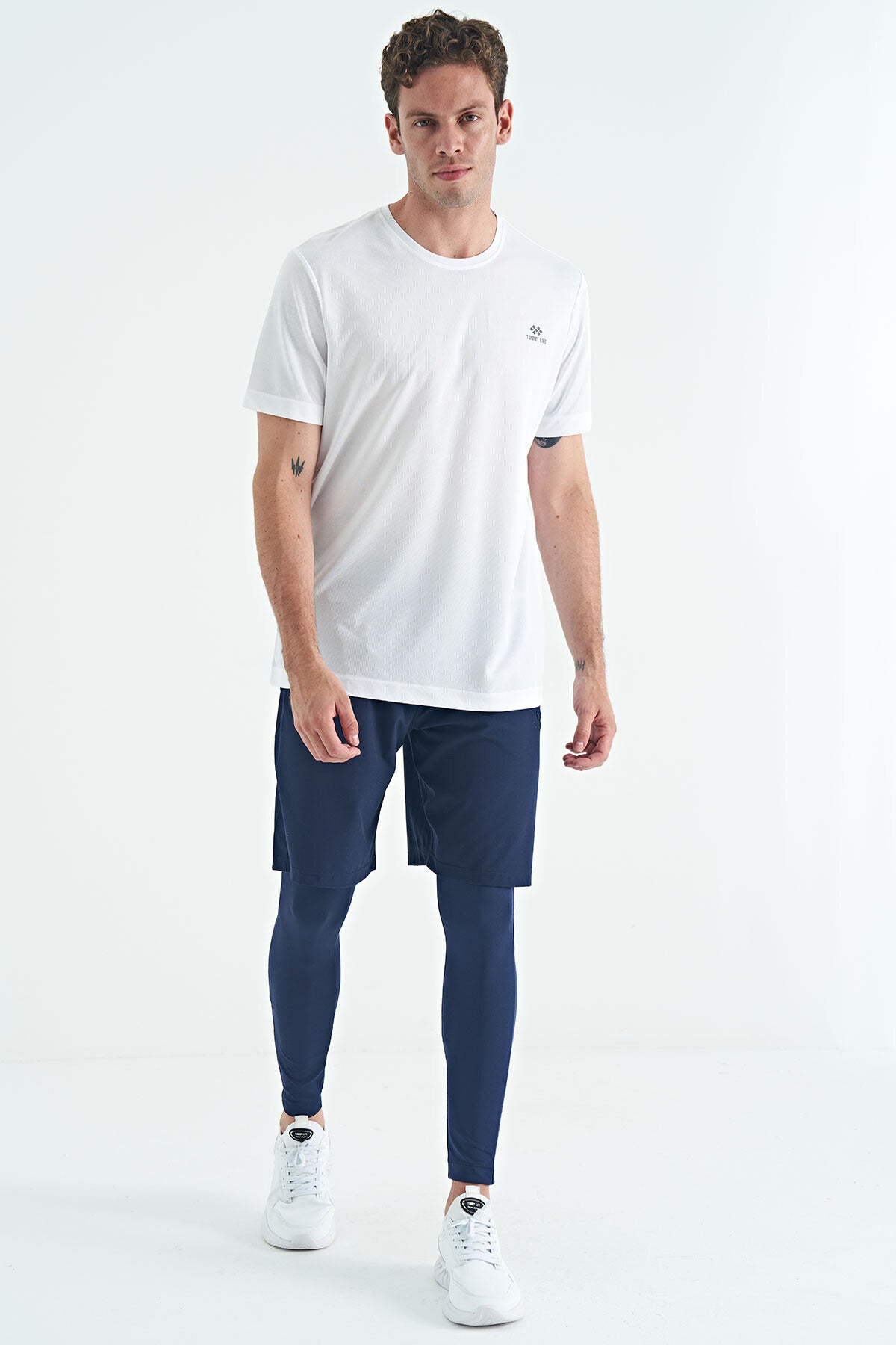 Indigo Back Ankle Print Detailed High Waist Slim Fit Active Sports Men's Tights - 84988