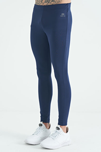 Indigo Back Ankle Print Detailed High Waist Slim Fit Active Sports Men's Tights - 84988