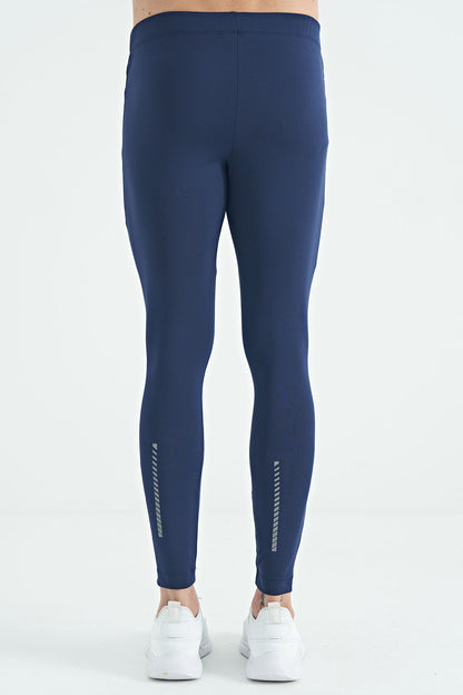 Indigo Back Ankle Print Detailed High Waist Slim Fit Active Sports Men's Tights - 84988