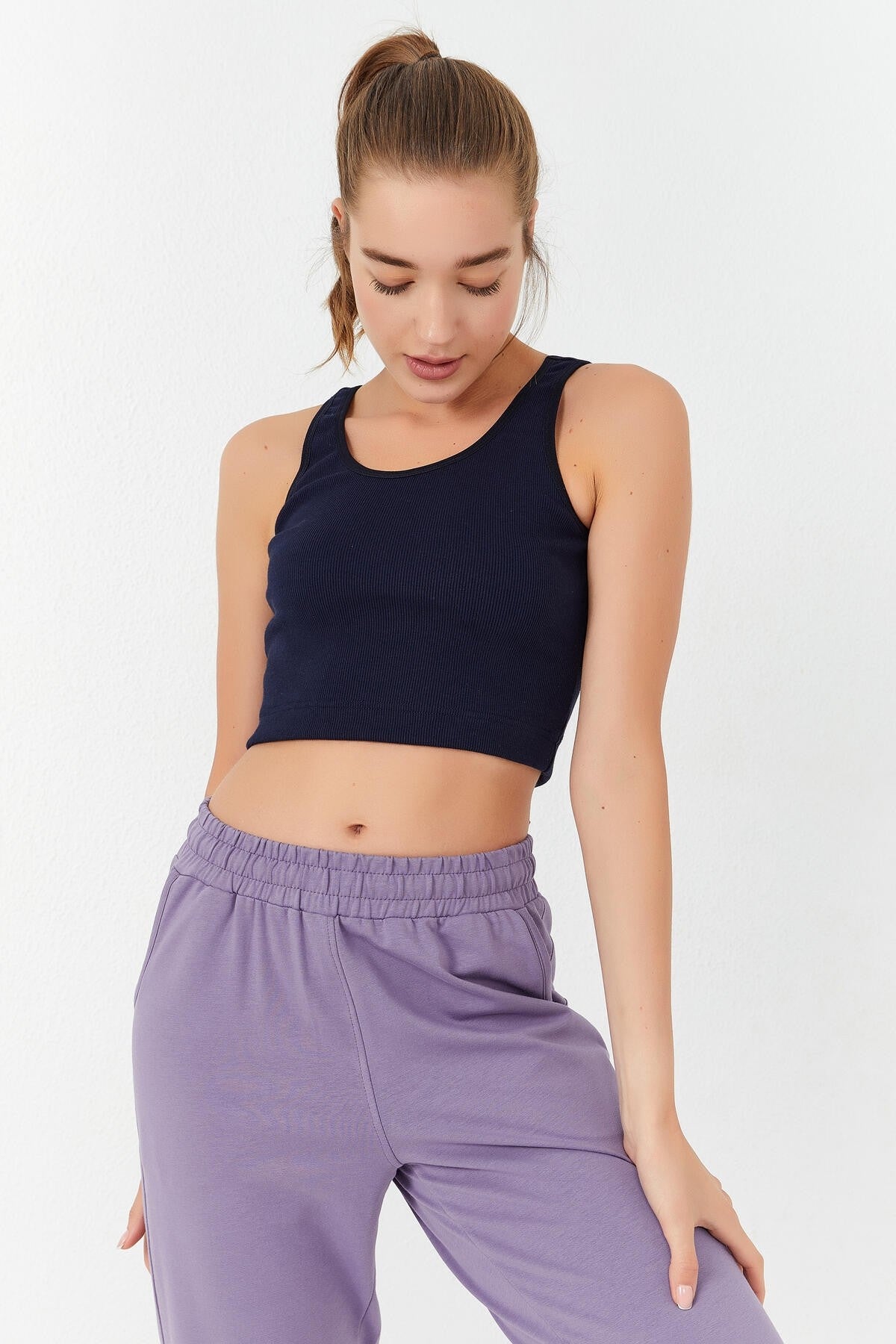 Indigo Basic Zero Sleeve Narrow Fit U Neck Women's Crop Top Singlet - 97160