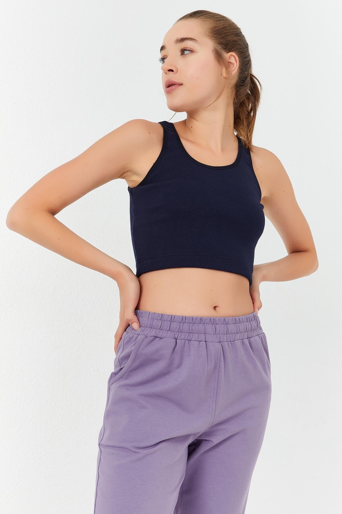 Indigo Basic Zero Sleeve Narrow Fit U Neck Women's Crop Top Singlet - 97160