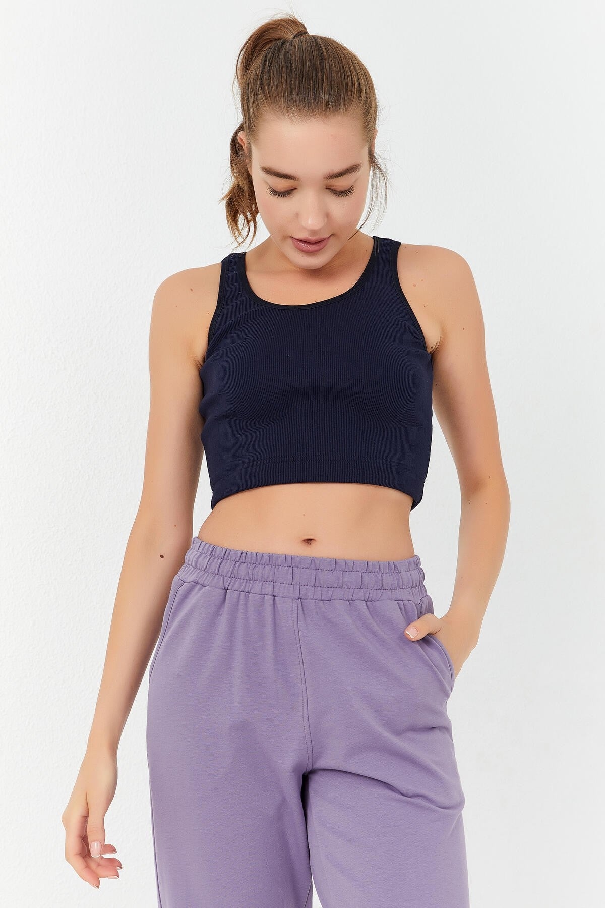 Indigo Basic Zero Sleeve Narrow Fit U Neck Women's Crop Top Singlet - 97160
