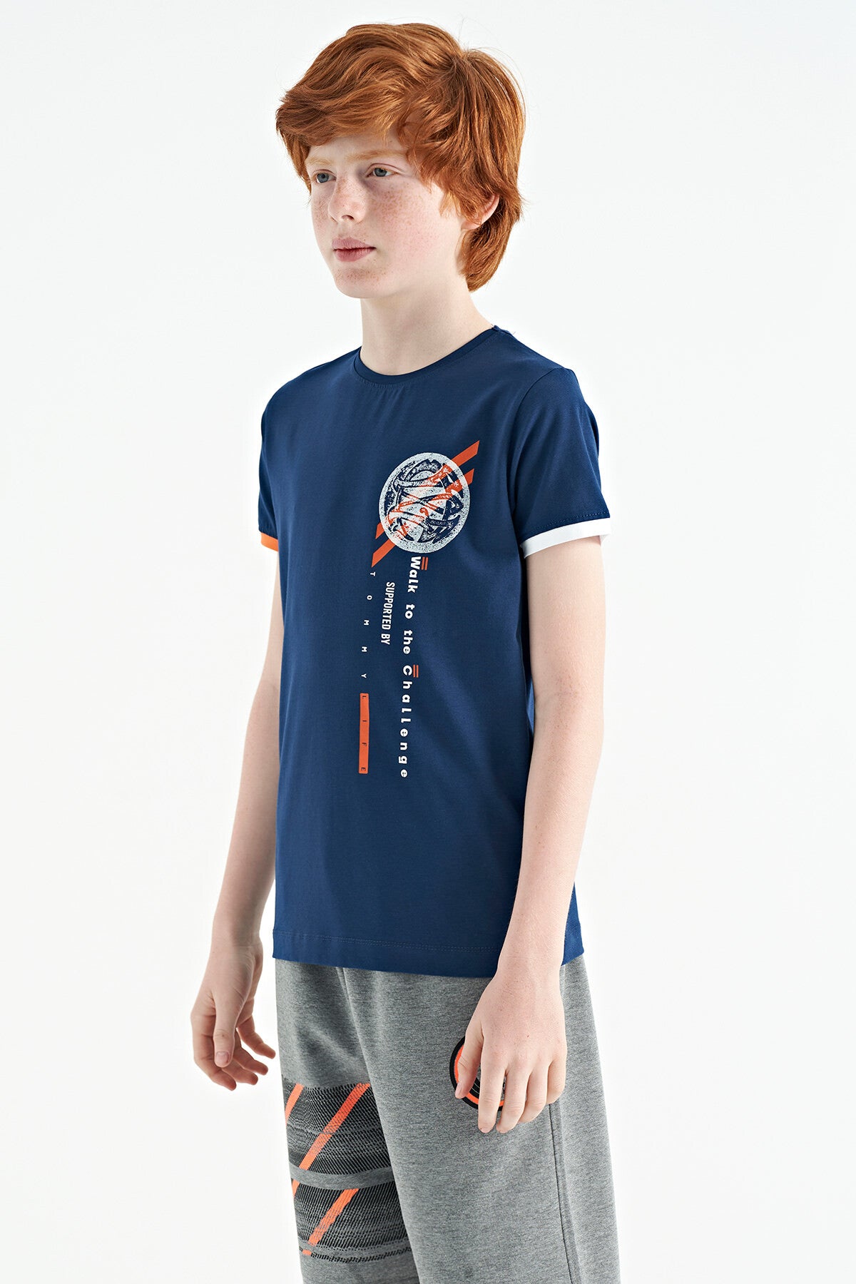 Indigo Print Detailed O Collar Standard Cut Boys' T-Shirt - 11131