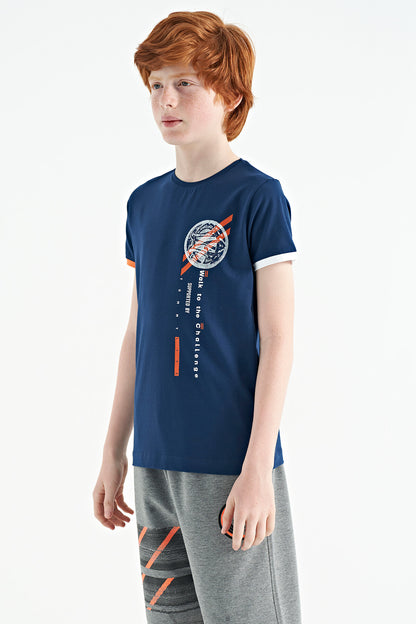 Indigo Print Detailed O Collar Standard Cut Boys' T-Shirt - 11131