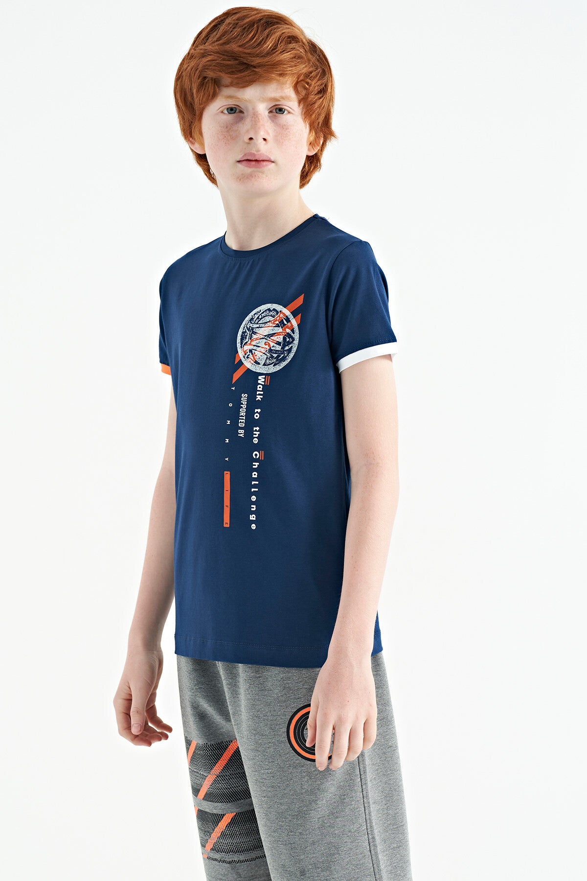 Indigo Print Detailed O Collar Standard Cut Boys' T-Shirt - 11131