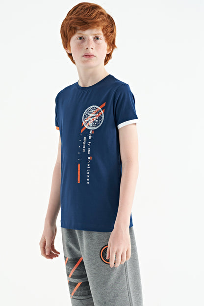 Indigo Print Detailed O Collar Standard Cut Boys' T-Shirt - 11131