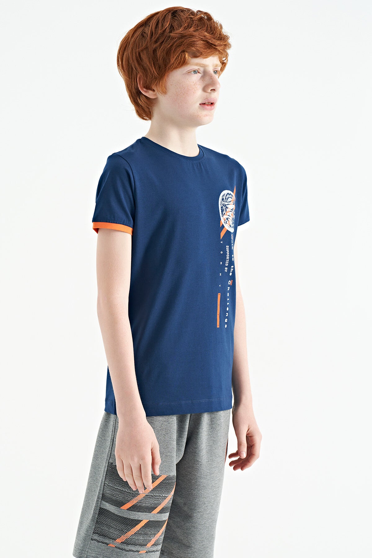 Indigo Print Detailed O Collar Standard Cut Boys' T-Shirt - 11131