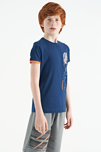 Indigo Print Detailed O Collar Standard Cut Boys' T-Shirt - 11131