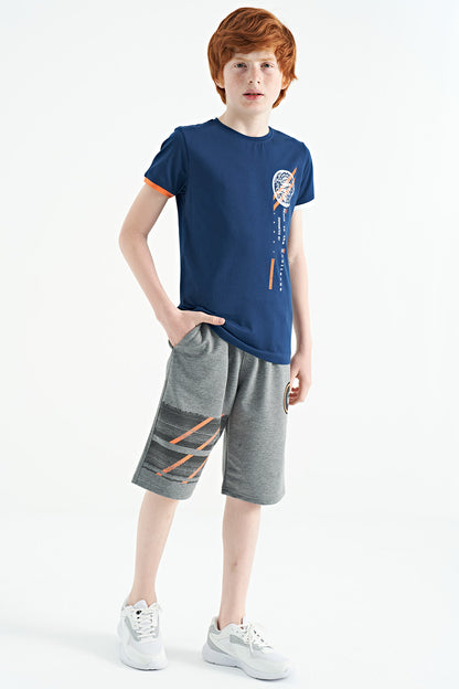 Indigo Print Detailed O Collar Standard Cut Boys' T-Shirt - 11131