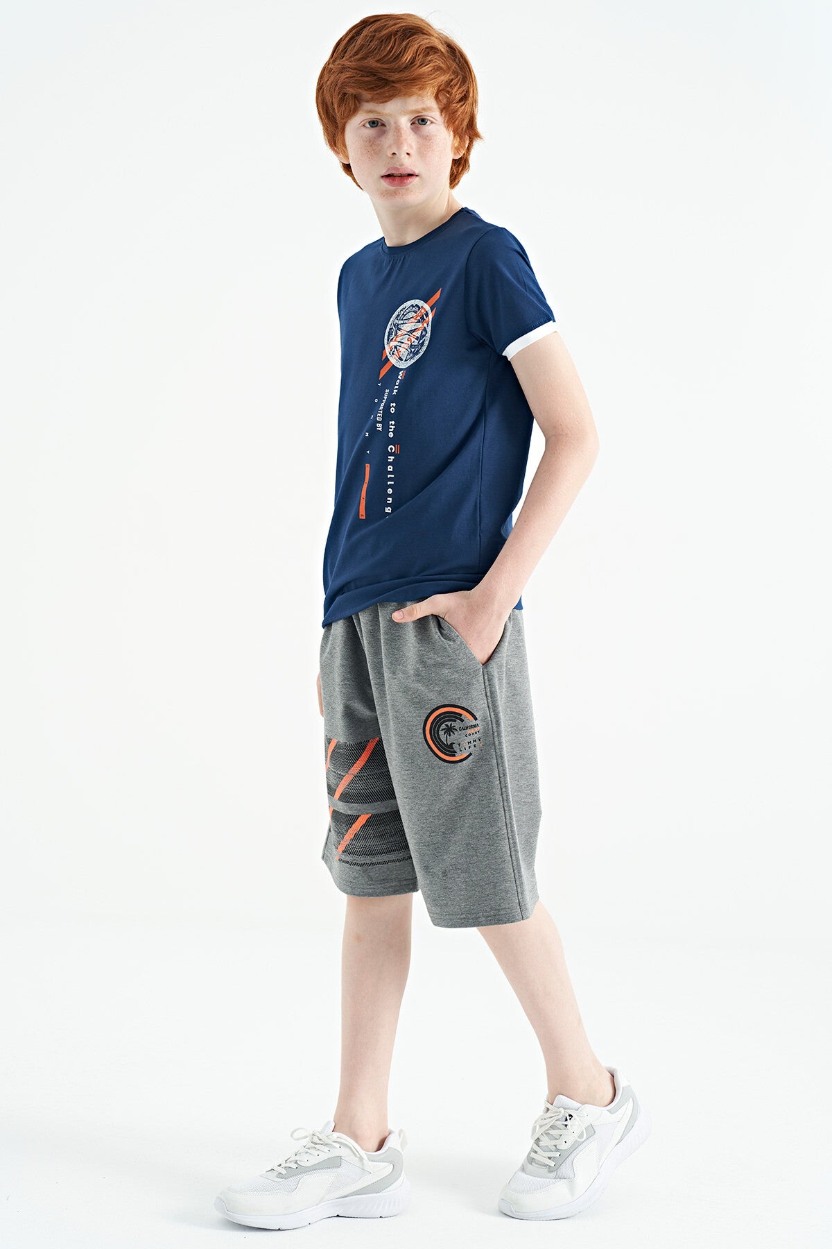 Indigo Print Detailed O Collar Standard Cut Boys' T-Shirt - 11131