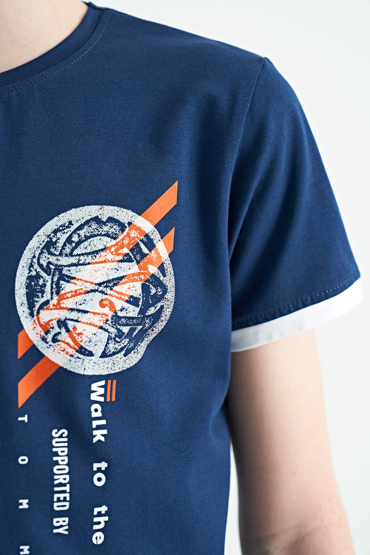 Indigo Print Detailed O Collar Standard Cut Boys' T-Shirt - 11131
