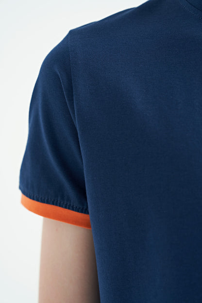 Indigo Print Detailed O Collar Standard Cut Boys' T-Shirt - 11131