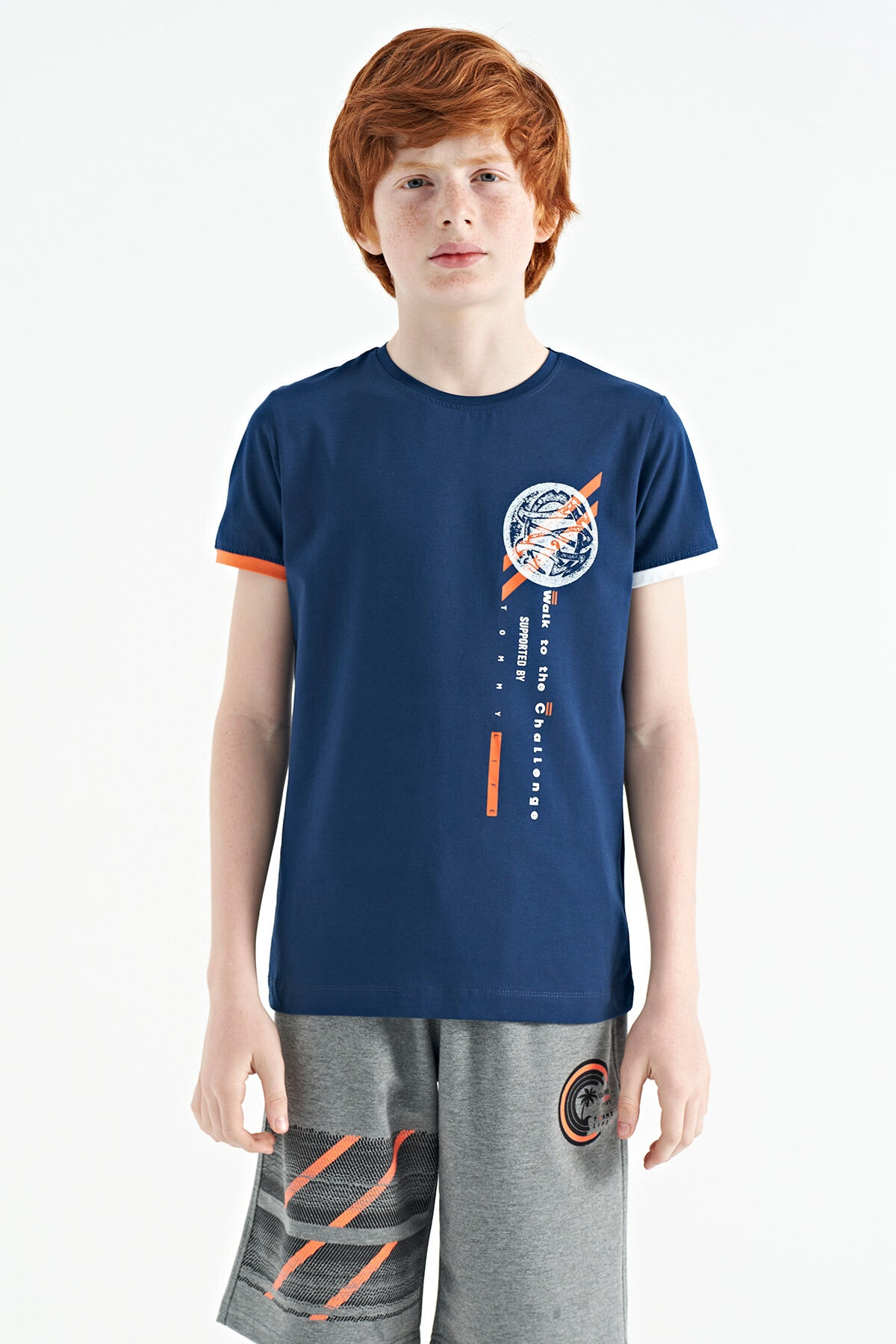 Indigo Print Detailed O Collar Standard Cut Boys' T-Shirt - 11131