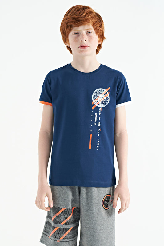 Indigo Print Detailed O Collar Standard Cut Boys' T-Shirt - 11131