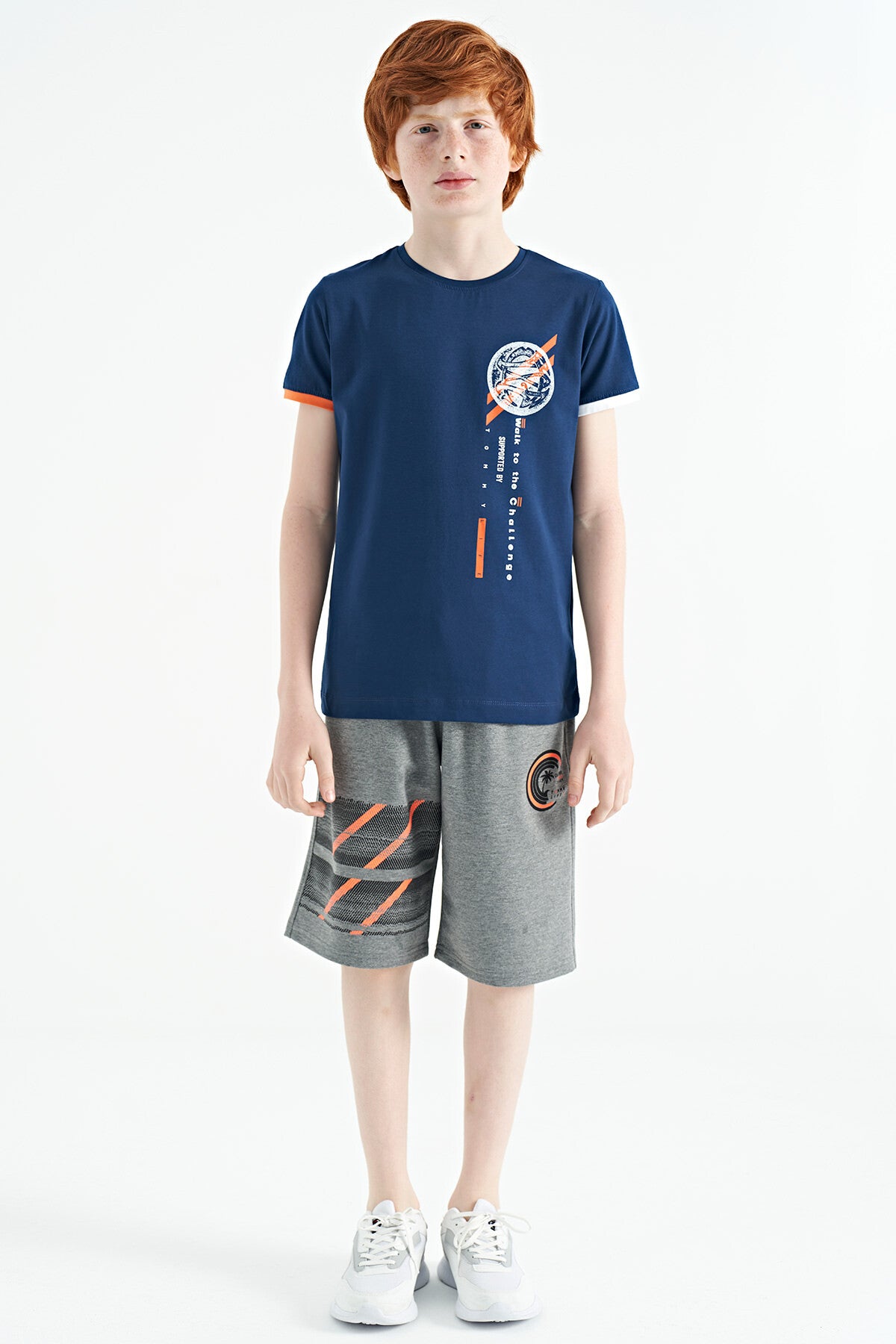 Indigo Print Detailed O Collar Standard Cut Boys' T-Shirt - 11131