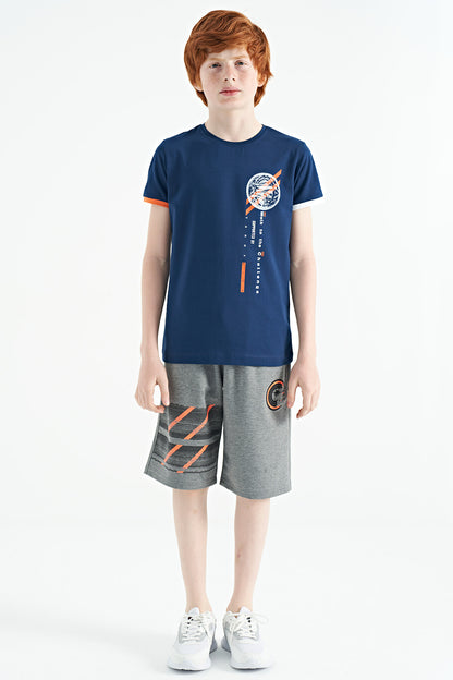 Indigo Print Detailed O Collar Standard Cut Boys' T-Shirt - 11131