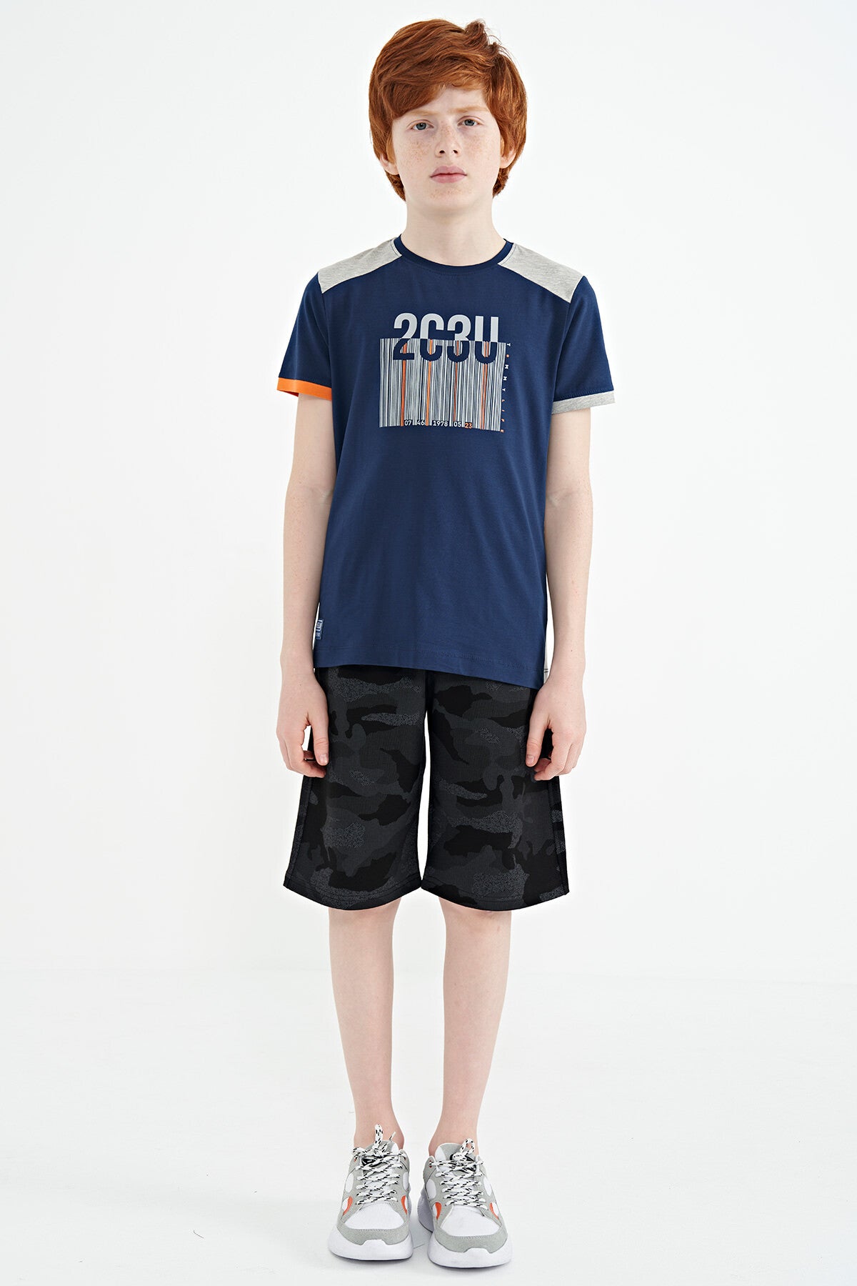 Indigo Print Detailed O Collar Standard Cut Boys' T-Shirt - 11157